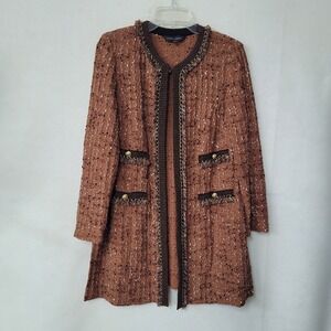 Ming Wang Womens Small Brown Tweed Knit Fringe Trim Chain Detail Topper Jacket